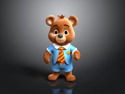 Cute Brown Stuffed Teddy Bear With Soft Blue Outfit Red Striped Tie And Yellow Badge 3d model