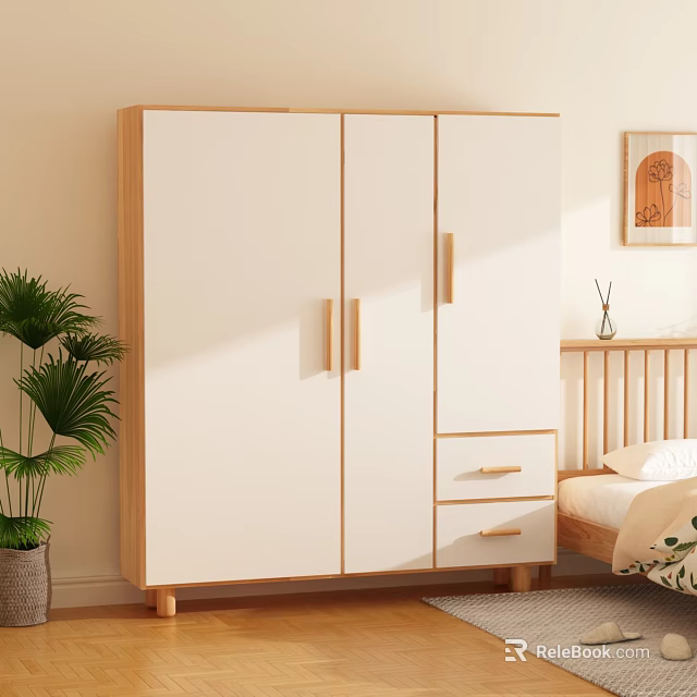 Modern White And Wooden Wardrobe With Simple Design And Drawers In Bedroom Setting 3d model 