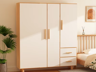 Modern White And Wooden Wardrobe With Simple Design And Drawers In Bedroom Setting 3d model