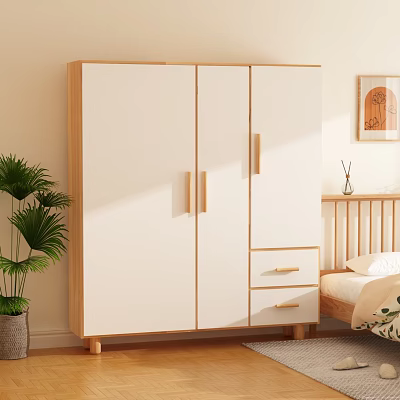 Modern White And Wooden Wardrobe With Simple Design And Drawers In Bedroom Setting 3d model