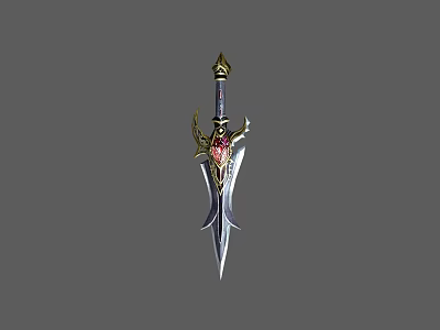 Ornate Mythical Sword With Golden Hilt And Red Gemstone Design 3d model