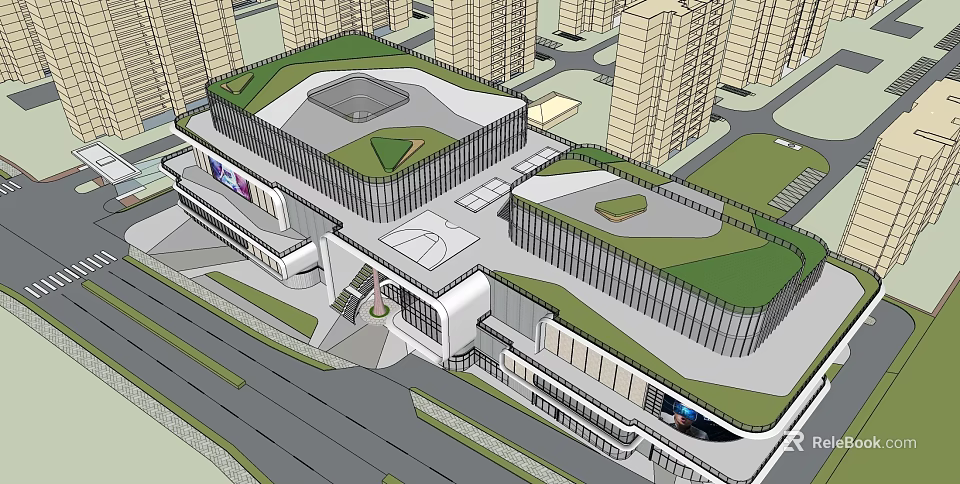 Modern Commercial Complex Design Featuring Green Roof and Surrounding High Rise Buildings 3d model 