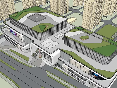 Modern Commercial Complex Design Featuring Green Roof and Surrounding High Rise Buildings 3d model