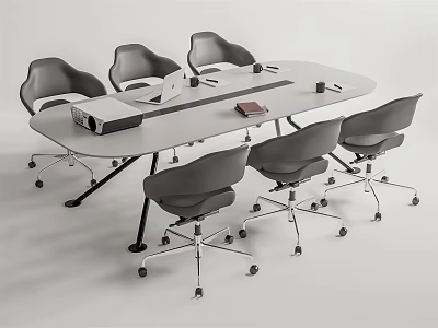 Oval Modern Conference Table With Gray Wheeled Office Chairs And Projector 3d model
