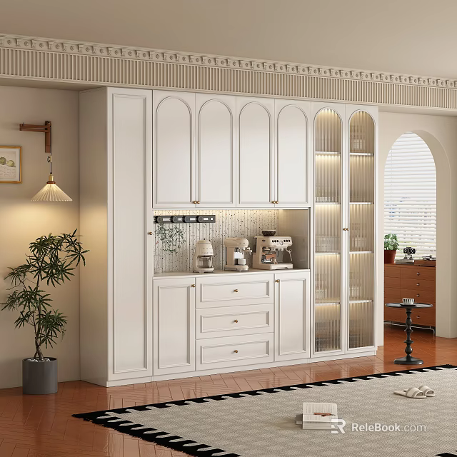 Elegant White Wine Cabinet With Glass Doors Built in Lighting And Storage Drawers 3d model 