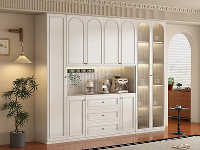 Elegant White Wine Cabinet With Glass Doors Built in Lighting And Storage Drawers 3d model
