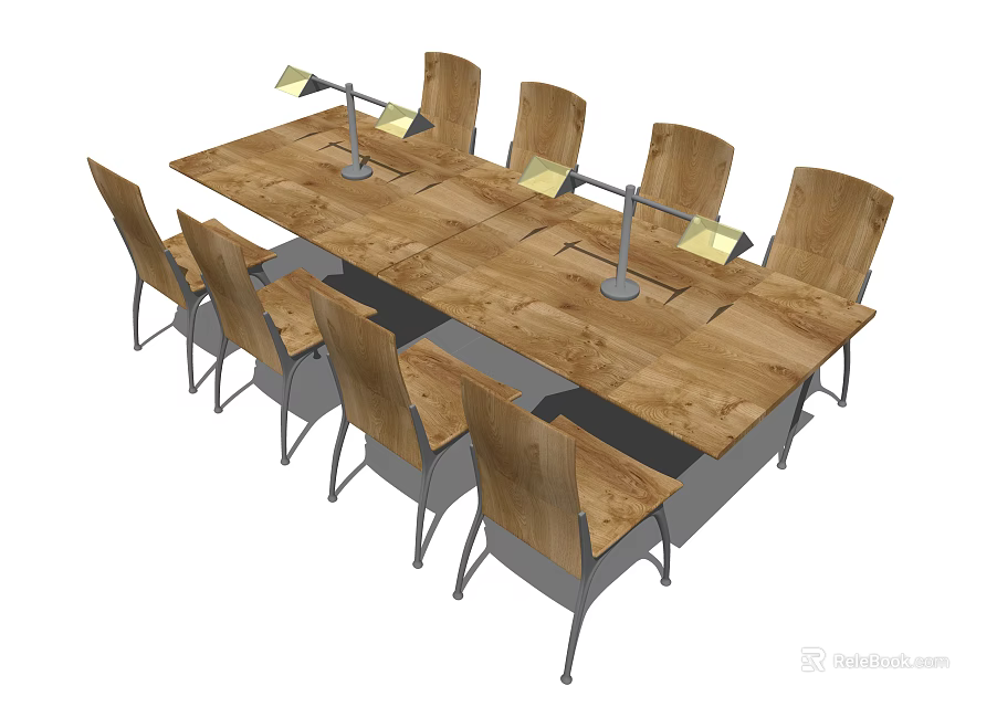 Long Wooden Study Table And Chair Set With Metal Legs And Table Lamps 3d model 