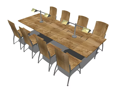 Long Wooden Study Table And Chair Set With Metal Legs And Table Lamps 3d model