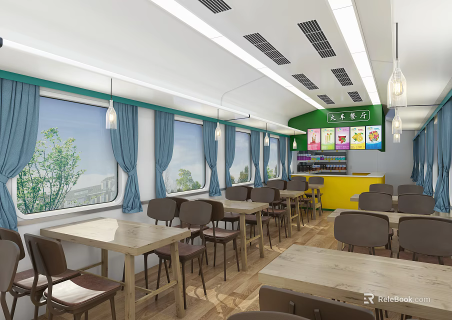 Bright Modern Restaurant Interior With Wooden Tables Chairs Blue Curtains And Yellow Counter 3d model 