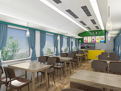 Bright Modern Restaurant Interior With Wooden Tables Chairs Blue Curtains And Yellow Counter 3d model