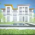 Modern Townhouse Exterior With Stone Facade Large Windows Landscaped Gardens And Water Feature