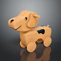 Wooden Dog Toy With Black Spots And Wheels For Kids On Dark Reflective Background