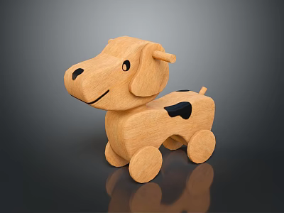 Wooden Dog Toy With Black Spots And Wheels For Kids On Dark Reflective Background 3d model