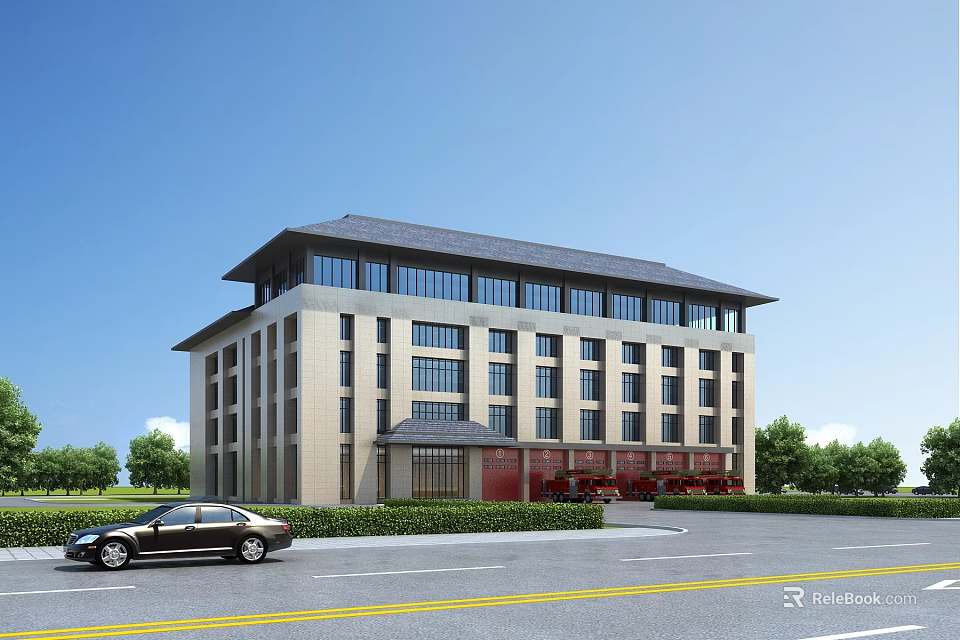 Modern Fire Station Building With Sloped Roof Large Windows And Green Trees Around Car Parked 3d model 