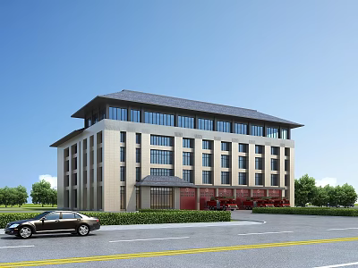 Modern Fire Station Building With Sloped Roof Large Windows And Green Trees Around Car Parked 3d model