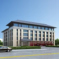 Modern Fire Station Building With Sloped Roof Large Windows And Green Trees Around Car Parked