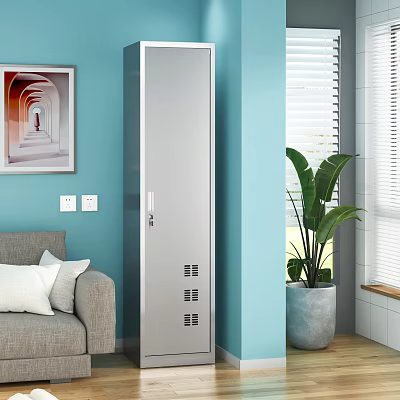 Silver Storage Cabinet In Living Room With Light Blue Wall Gray Sofa And Green Plant 3d model