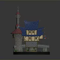 Detailed Decorative Castle Model With Red Blue Roofs Towers Flags And River Base