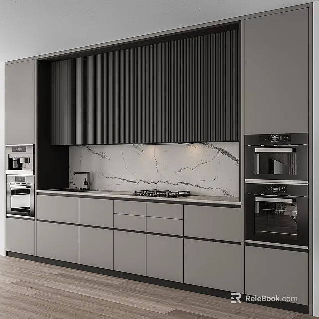 Modern Kitchen Interior Featuring Gray Black Cabinets Marble Countertop And Built In Ovens 3d model 