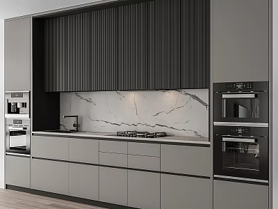 Modern Kitchen Interior Featuring Gray Black Cabinets Marble Countertop And Built In Ovens 3d model