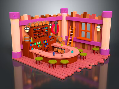Vibrant Cartoon Tavern Interior With Pink Purple Pillars Wooden Bar Green Stools Ladder And Windows 3d model