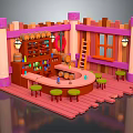 Vibrant Cartoon Tavern Interior With Pink Purple Pillars Wooden Bar Green Stools Ladder And Windows