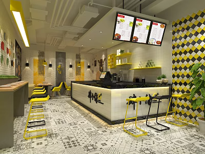 Modern Restaurant Interior With Yellow Seats Open Bar And Black White Checkered Walls Menu Screens 3d model