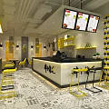 Modern Restaurant Interior With Yellow Seats Open Bar And Black White Checkered Walls Menu Screens