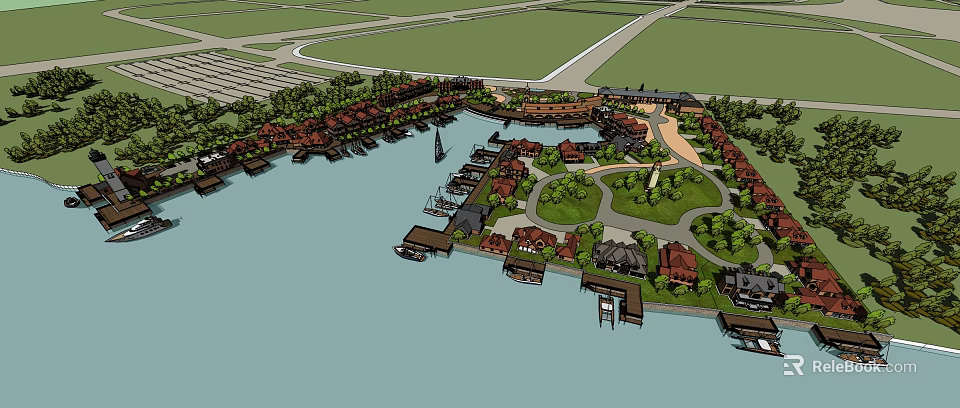 Aerial View Of Scenic Marina Community With Boats Buildings Green Parks And Waterfront Roads 3d model 