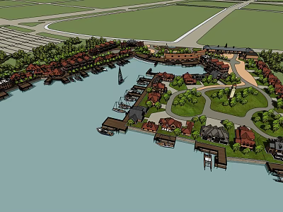 Aerial View Of Scenic Marina Community With Boats Buildings Green Parks And Waterfront Roads 3d model