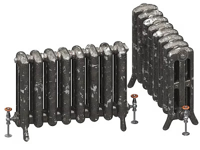 Vintage Cast Iron Radiators As Kitchen Heating Appliances With Red Knobs 3d model