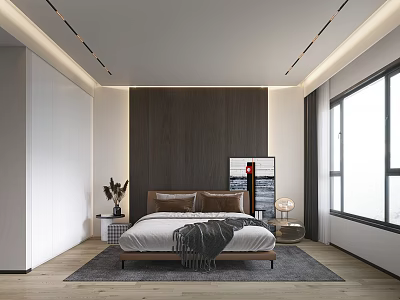Modern Bedroom Interior With Dark Wooden Accent Wall Bedside Table Lamp Rug And Window 3d model