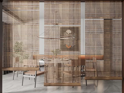 Bamboo Blinds As Room Divider In Modern Natural Dining Area With Wooden Table Chairs Pendant Light And Wall Art 3d model