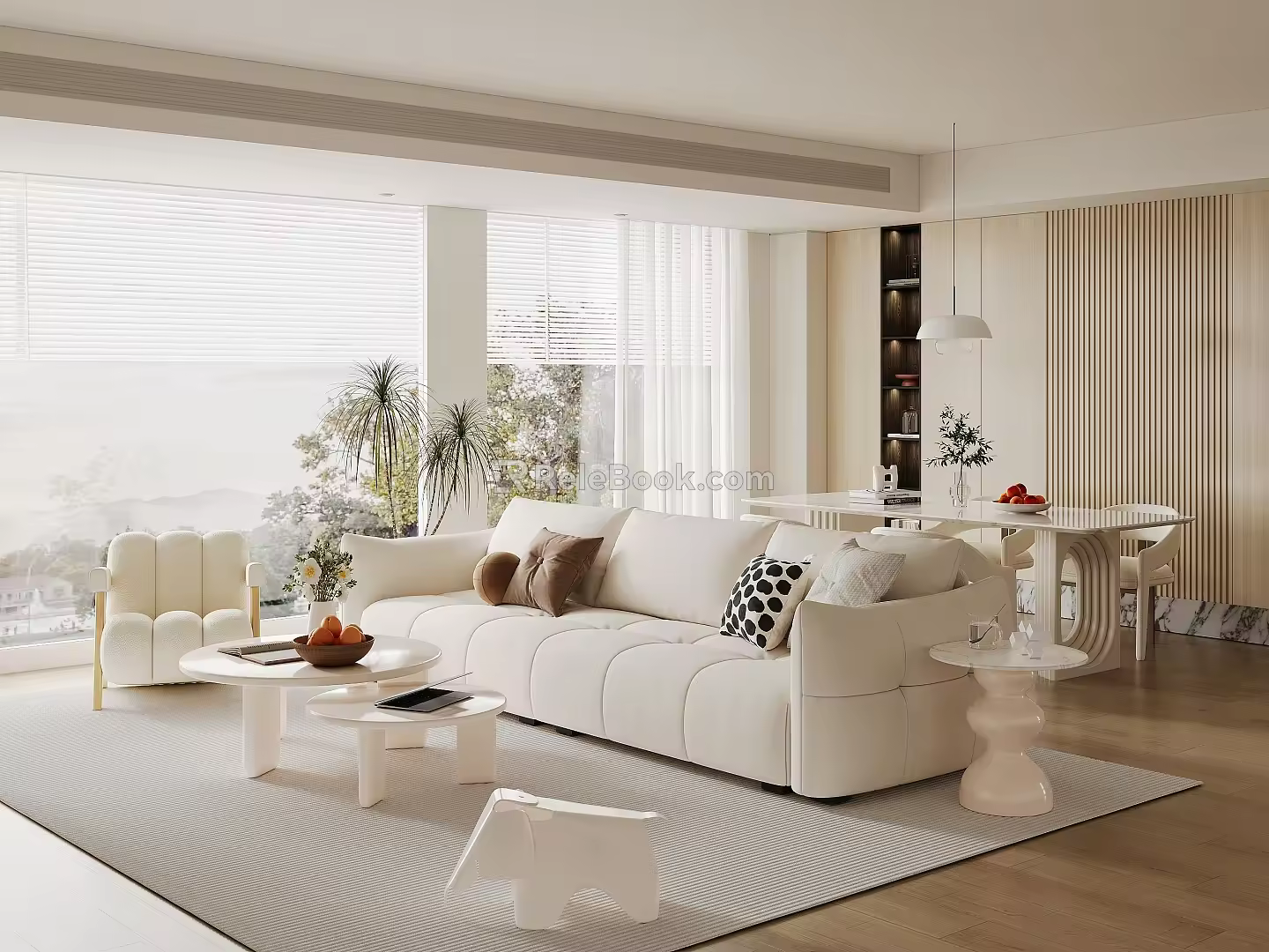 Cream Style Home Guest Restaurant Fabric Sofa Coffee Table Combination Round Coffee Table Dining Table and Chair Combination Backrest Dining Chair Leisure Sofa Chair Floor-to-ceiling Window Decoration Ornaments 3d model