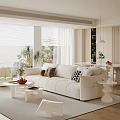 Cream Style Home Guest Restaurant Fabric Sofa Coffee Table Combination Round Coffee Table Dining Table and Chair Combination Backrest Dining Chair Leisure Sofa Chair Floor-to-ceiling Window Decoration Ornaments 3d model