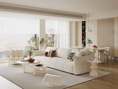 Cream Style Home Guest Restaurant Fabric Sofa Coffee Table Combination Round Coffee Table Dining Table and Chair Combination Backrest Dining Chair Leisure Sofa Chair Floor-to-ceiling Window Decoration Ornaments 3d model