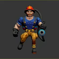 Cartoon Firefighter Character With Red Helmet Flame Logo Yellow Pants And Blue Water Gun