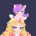 Cartoon Girl With Long Blonde Hair In Pink Dress And Unicorn Plush On Head