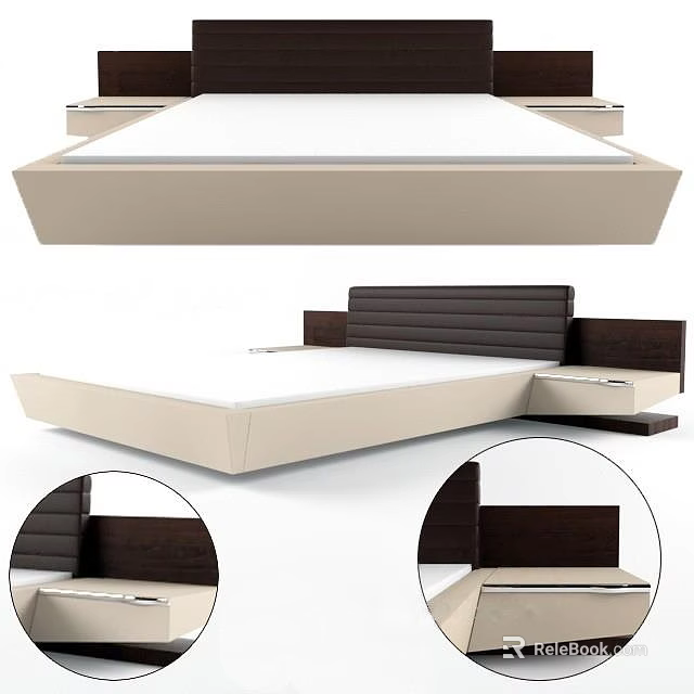 Modern Double Bed Design With Beige Frame Dark Headboard And Nightstands 3d model 