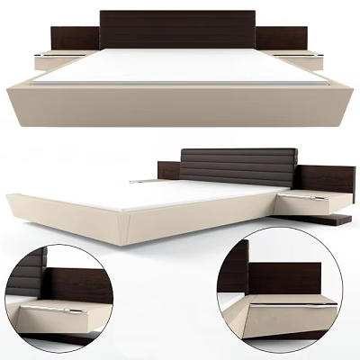 Modern Double Bed Design With Beige Frame Dark Headboard And Nightstands 3d model