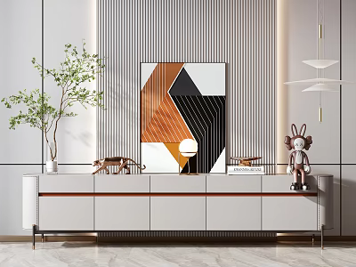 Modern Sleek TV Stand With Decorative Ornaments Plant And Geometric Artwork 3d model