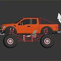 Orange Monster Truck With Large Tires And White Pointed Objects On Roof