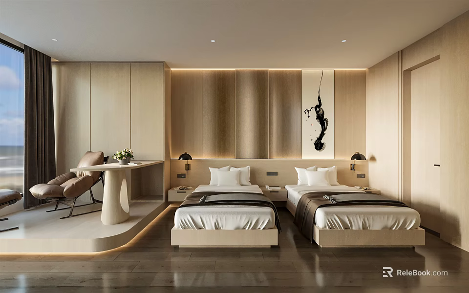 Hotel Guest Room with Twin Beds Beige Wood Tones Decorative Painting and Seating Area 3d model 
