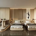 Hotel Guest Room with Twin Beds Beige Wood Tones Decorative Painting and Seating Area