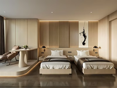 Hotel Guest Room with Twin Beds Beige Wood Tones Decorative Painting and Seating Area 3d model