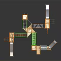 Multi Structure Outdoor Playground Equipment With Slides Stairs Climbing Frames Orange Frames And Green Panels