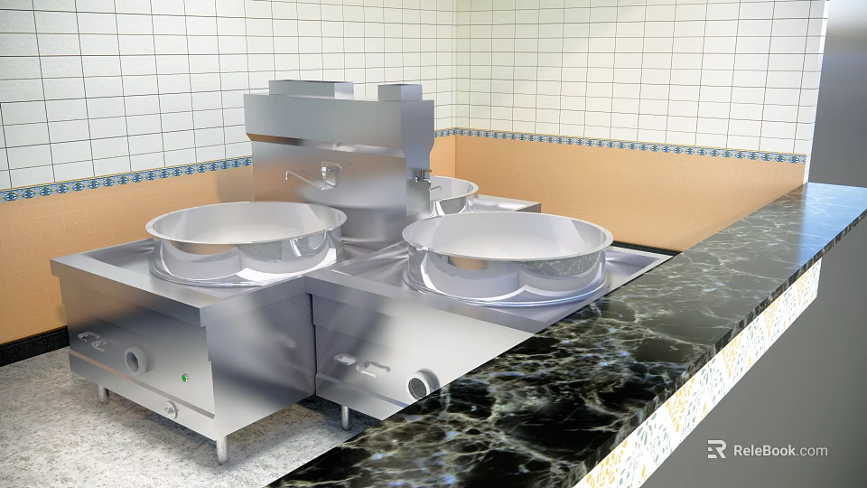 Stainless Steel Open Kitchen Setup With Large Pots Black Marble Countertop And White Tiled Wall 3d model 