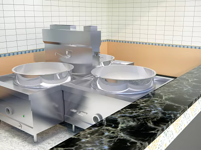 Stainless Steel Open Kitchen Setup With Large Pots Black Marble Countertop And White Tiled Wall 3d model