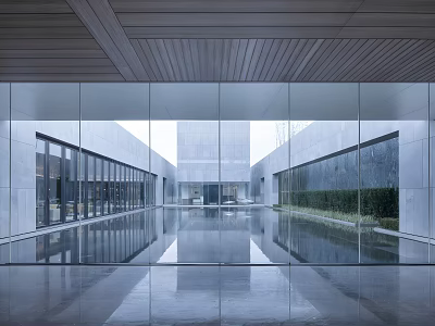 Modern Sales Office Building With Glass Walls Reflection Pool And Wooden Ceiling 3d model