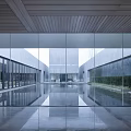 Modern Sales Office Building With Glass Walls Reflection Pool And Wooden Ceiling